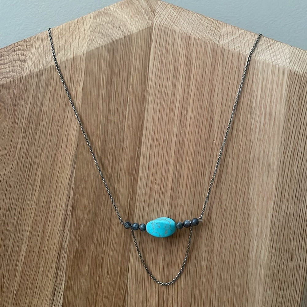Delicate turquoise gemstone with black gemstone wire necklace